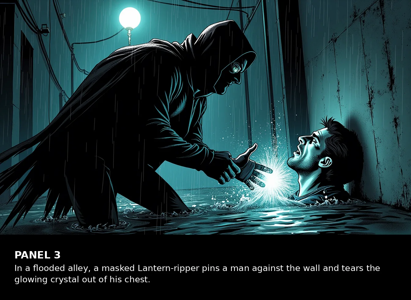 Pre-production storyboard. In a rainy flooded alley, a hooded figure leans toward a person against a wall while a bright light glows between them.